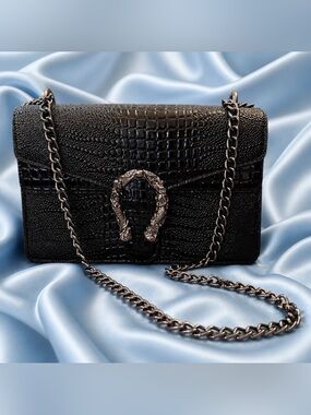 Elegant Faux Black PU Glossy Croc-Embossed Vegan Leather Adjustable Metal Strap